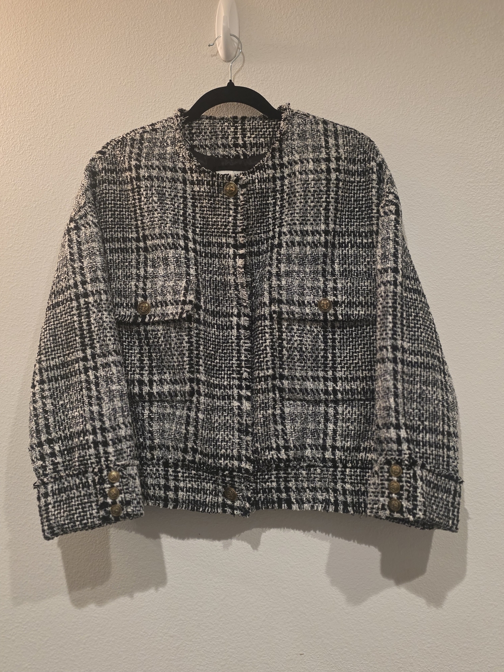 Zara Black & White Tweed Cropped Blazer with Gold Buttons